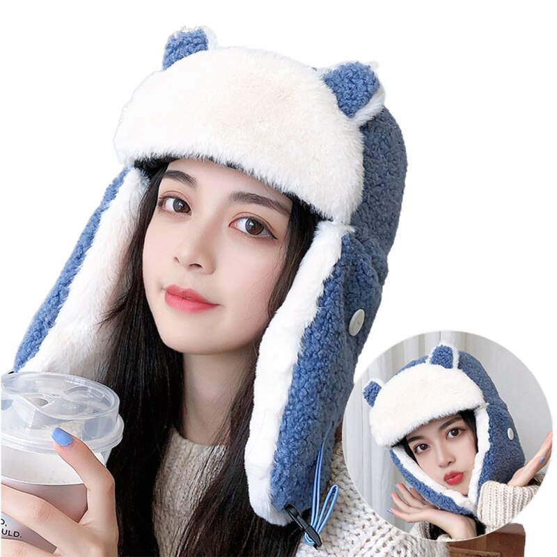 Women Cartoon Bear Ears Winter Trooper Trapper Hat with Removable Dustproof Face Mask Thermal Fleece Lining Earflap Cap: BL