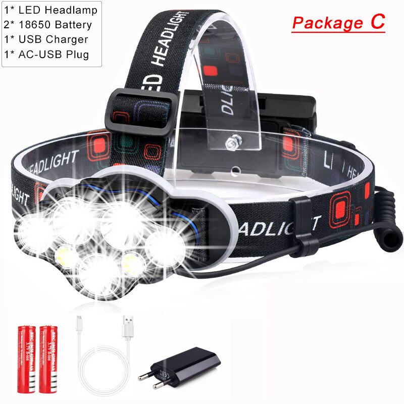 40000LM Krachtige Led Koplamp Usb Oplaadbare Head Lamp 7 Led Koplamp 8 Modes Head Zaklamp Waterdichte Hoofdlamp: Package C