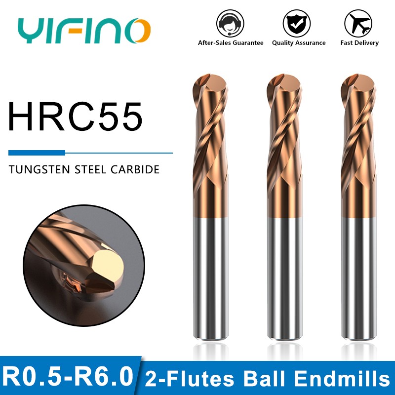 YIFINO-Fraise à 2 cannelures, boule de carbure d'acier au tungstène, fraise en bout antarctique pour CNC, usinage mécanique des métaux, outils de fraise en bout, HRC55