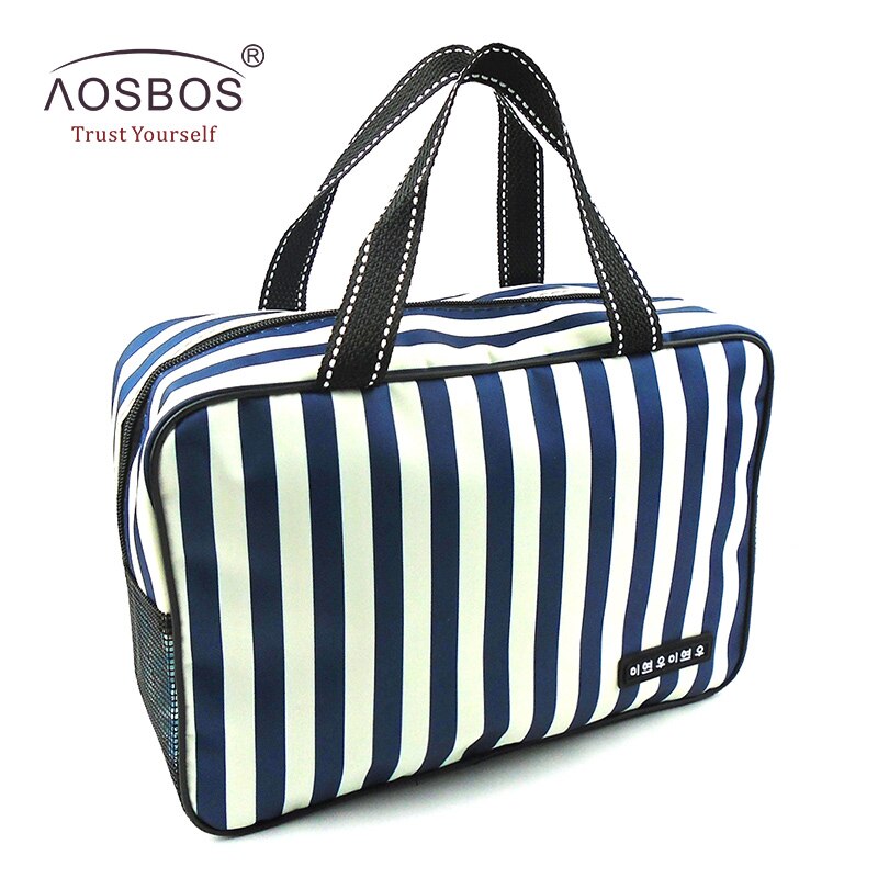 Aosbos Neue Mesh Gestreiften Kosmetik Taschen Große Kapazität Wasserdichte Oxford Toiletten Tasche Tote Frauen Männer Reise Veranstalter Make-Up Tasche: blue white stripe