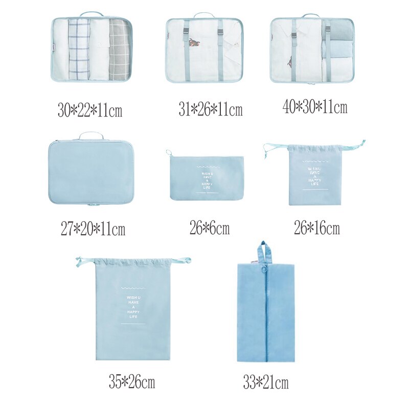 8 unids/set organizador de viaje embalaje cubos equipaje viaje accesorios bolsa organizador de doble cremallera bolsas impermeable