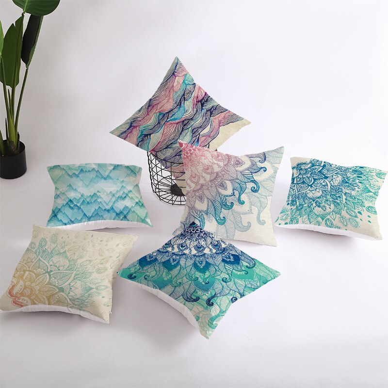 Housse de coussin carrée en velours avec imprimé Mandala, décoration de la maison, style nordique rétro, peau de pêche, taie d'oreiller