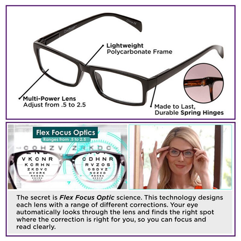 Newest Mulifocal One Power Readers Women Men Auto Adjusting Bifocal Reading Glasses +50 To +250