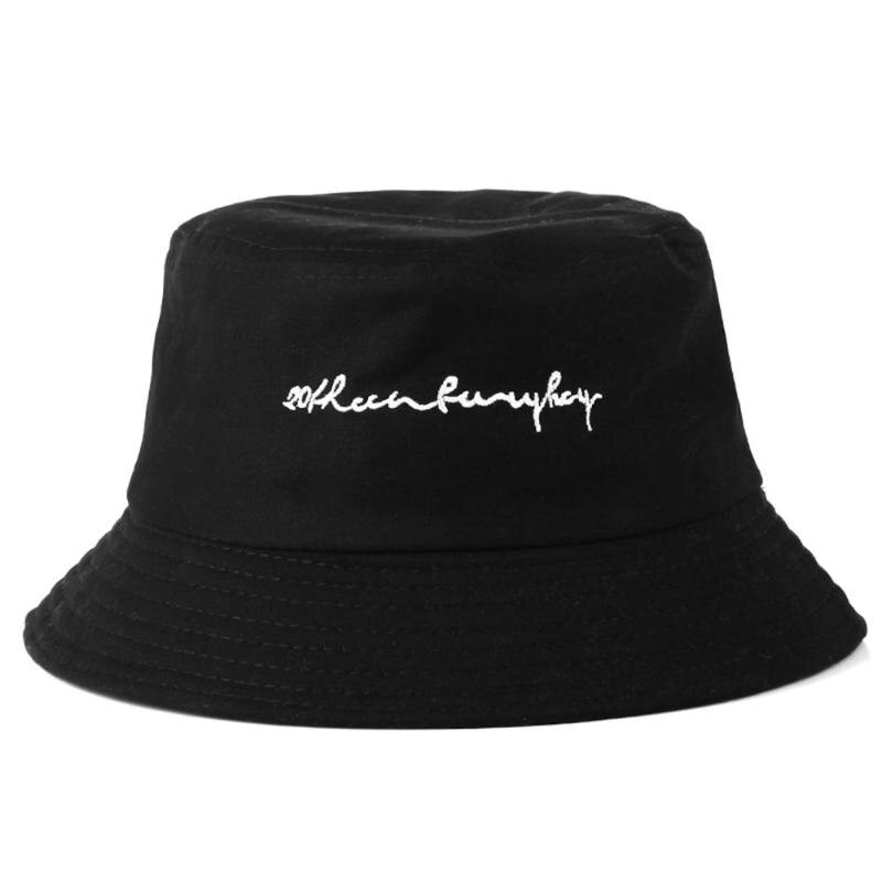 Brevbroderi unisex bøtte sommer fiskelue utendørs panama solhatt menn kvinner hofte hopp fiskerhatt: Svart