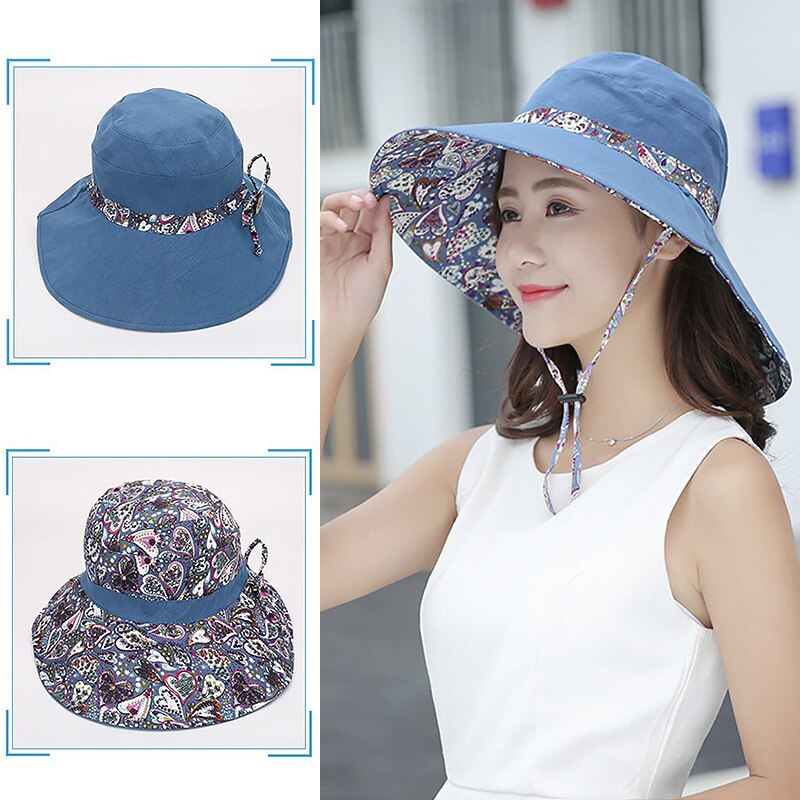 Female Flower Print Double-sided Cotton Linen Sun Hat Women Big Wide Brim Anti-UV Foldable Beach Hats Lady's Bucket Hat