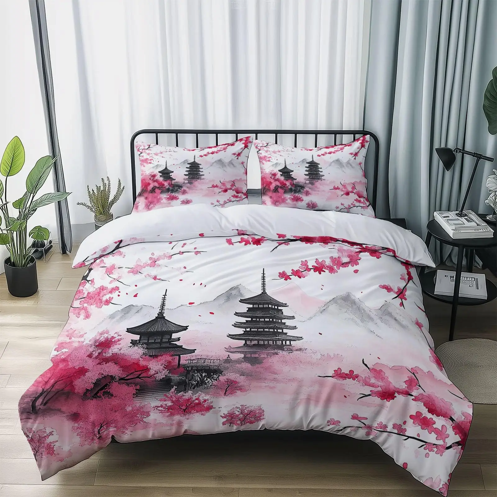 Japanese Building Duvet Cover Sets for Teens Queen Size Quilt Covers Lightweight Down 2 Pillowcases 1 Duvet Cover No Comforter