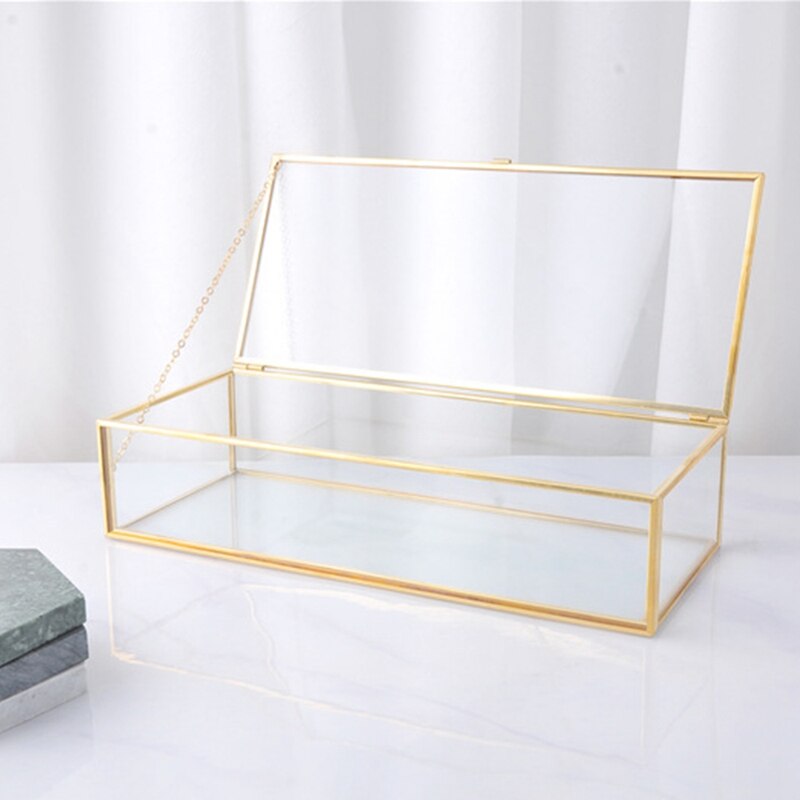 -Simple Gold Rim Glass Jewelry Box Jewelry Storage Box Retro Jewelry Display Box