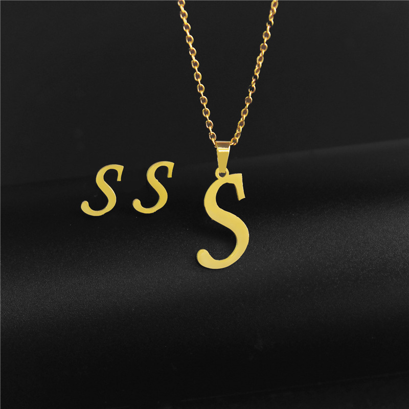 A-Z 26 charm Initial Necklace And Stud Earrings Jewelry Sets Alphabet Pendant Chain Letter mom