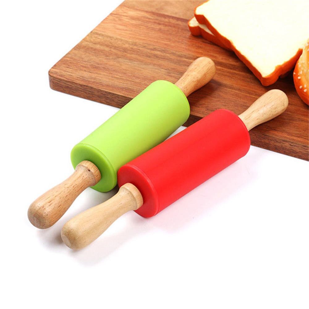 Houten Handvat Siliconen Rollen Rolling Pin Kid Keuken Koken Bakken Tool Non-stick Gebak Deeg Meel Roller Bakken Tools