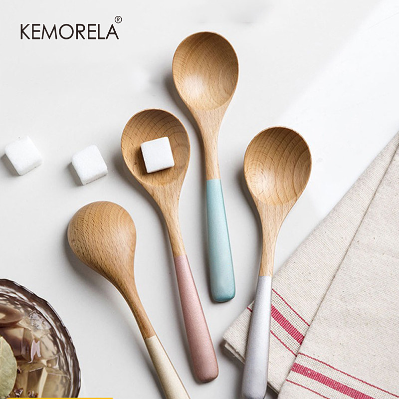 Painted Wooden Handle Wooden Spoon Beech Wood Mixing Curved Handle Spoon Bamboo Teaspoons Soup Ladle Tableware Kitchen Utensils