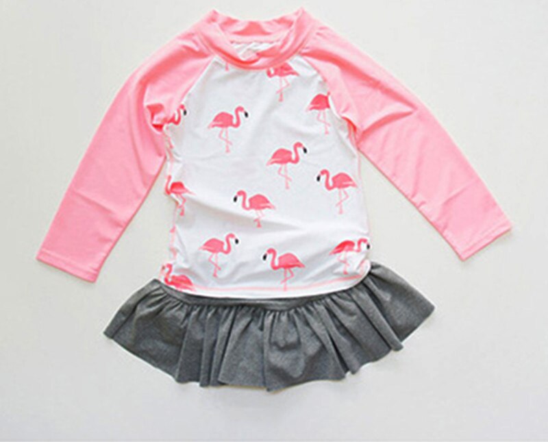 Meisjes tweedelige pakken kinderen lange mouwen badpak 3-14 jaar kind schattige flamingo badmode rok zwempak badpak: 6