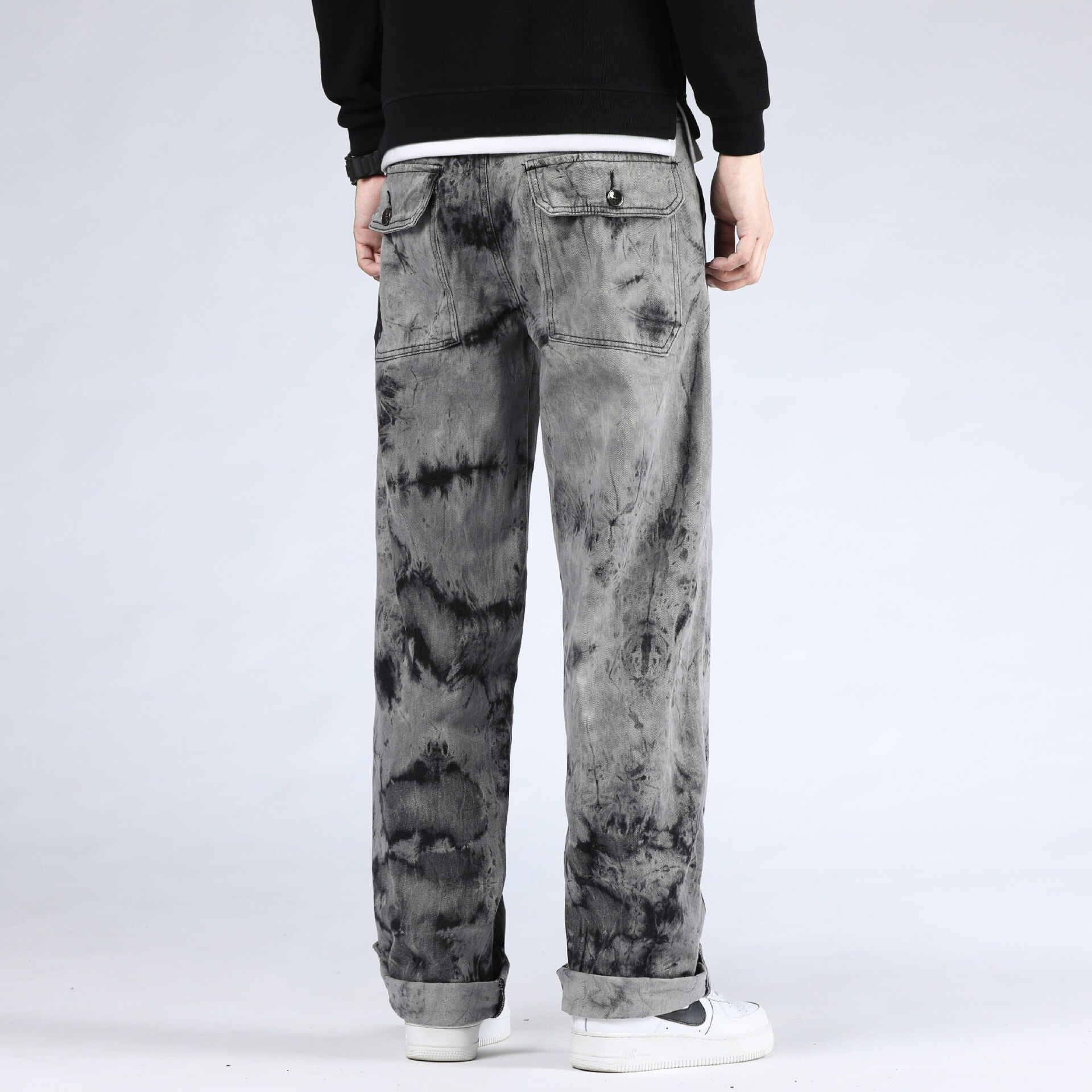 Men Jeans Casual Loose Straight Denim Pants Tie Dye Print Sky Blue Long Trouser Straight mens Jeans