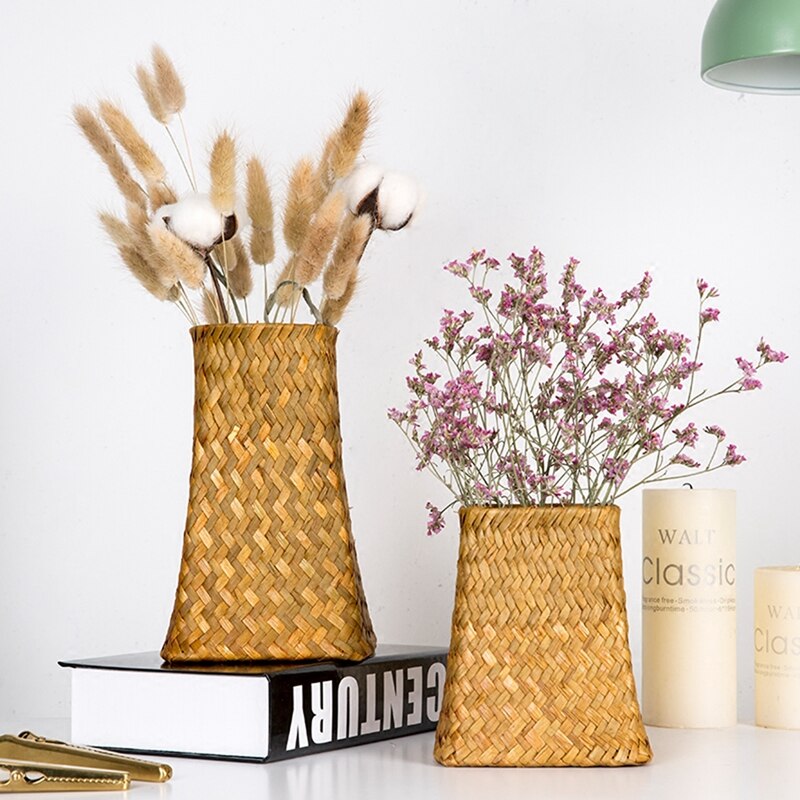 Florero tejido de paja tejido a mano, jarrones de flores secas para boda, banquete, , Decoración de mesa, cesta de almacenamiento de escritorio para el hogar