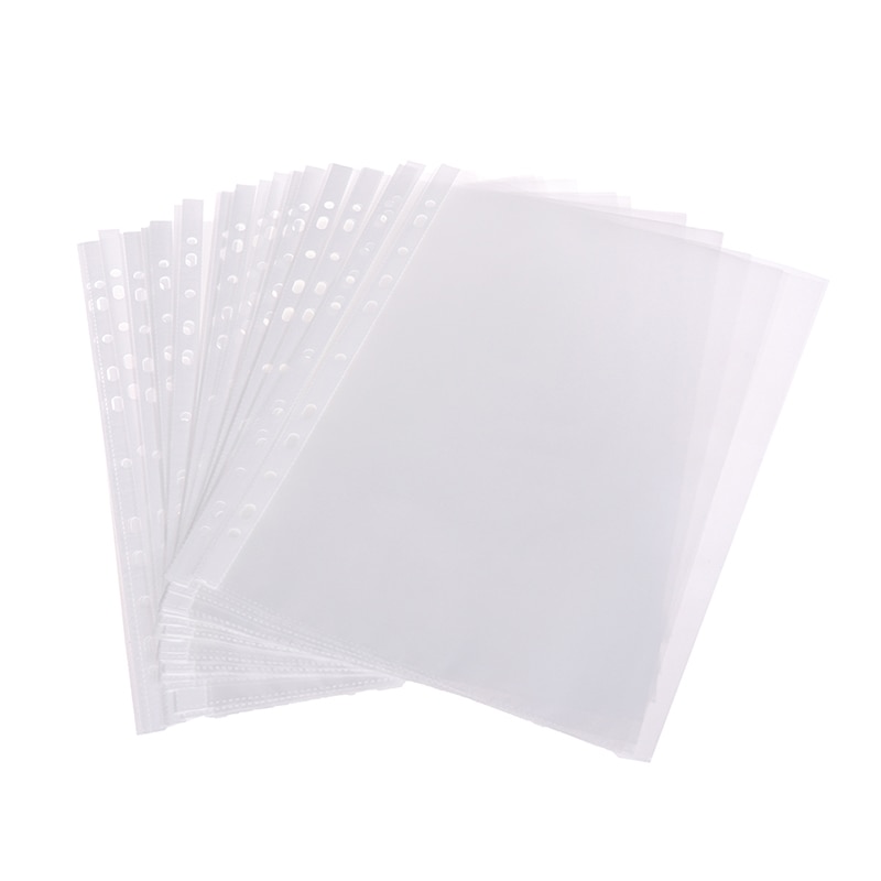 100Pcs A4 Plastic Punched Pockets Folders Filing 11 Holes Loose Leaf Documents Sheet Protectors Transparent Folder Bag