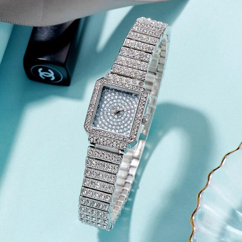 Dameur kvinde luksusmærke guld ur dame armbåndsure krystal kvinde dame quartz ur dame armbåndsur: Sølv 2