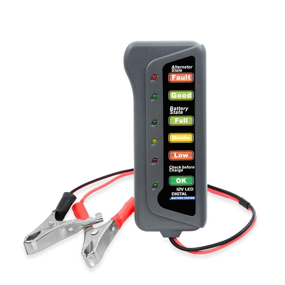 12v digitale accutesters met 6 led-displaylampjes, accutesters met remvloeistofmeter voor auto's en motoren.: Legergroen