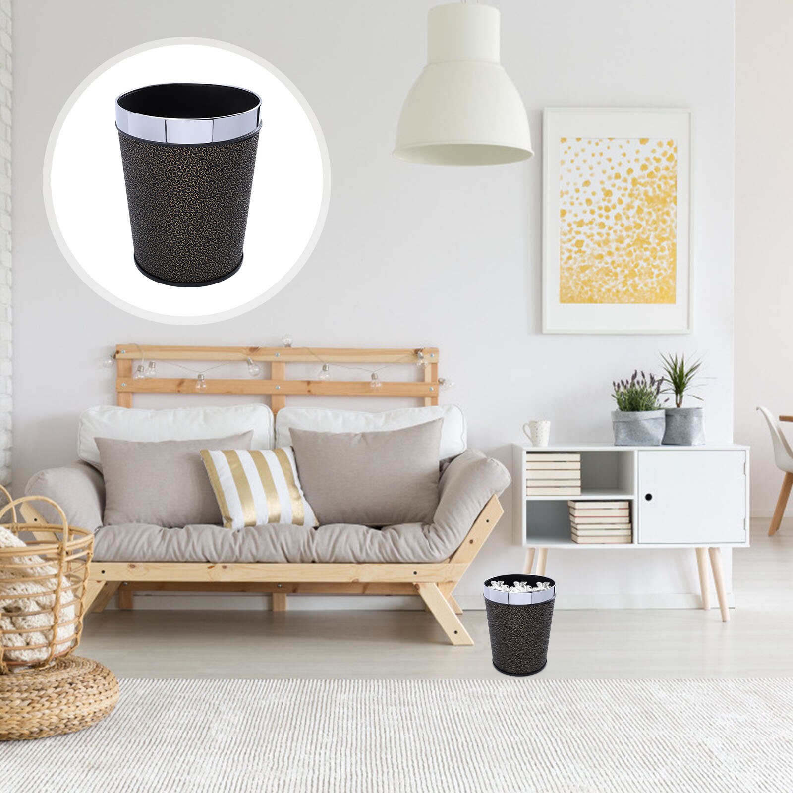 Leather Wastebasket European Style Retro Trash Can Waste Paper Basket Waste Can: Black26x21cm