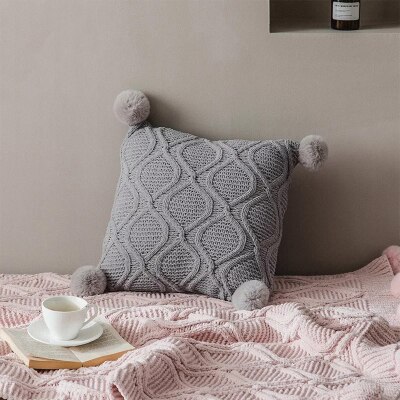 Hæklet chenille strikket pudebetræk pink beige grå pudebetræk med pompon hjemme sovesofa stue 45 x 45cm pudebetræk: Grå