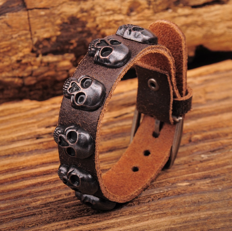 G526 Brown Vintage Texture Leather Studded Skull Single Wrap Bracelet Cuff Biker