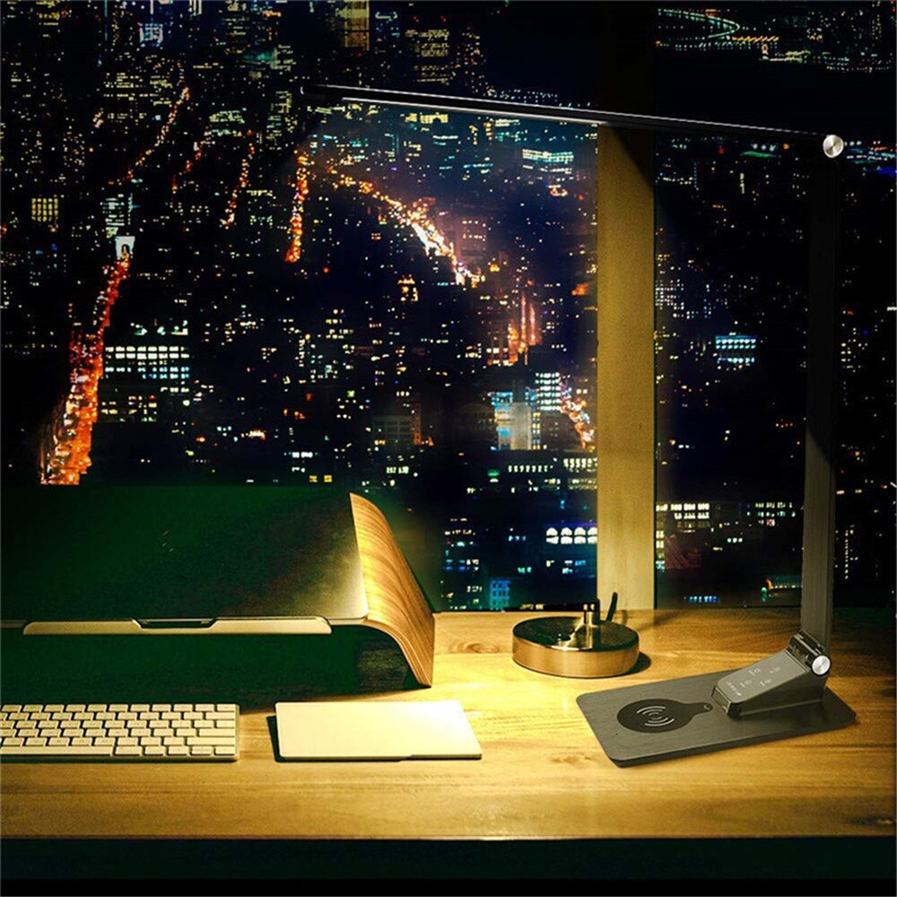 Schreibtisch Lampe mit Drahtlose Ladegerät, USB-Lade, 5 Helligkeit 3 Farbe, Einstellbar Tisch Lampe für Büro, schlafzimmer oder Wohnheim, Schwarz, 7W