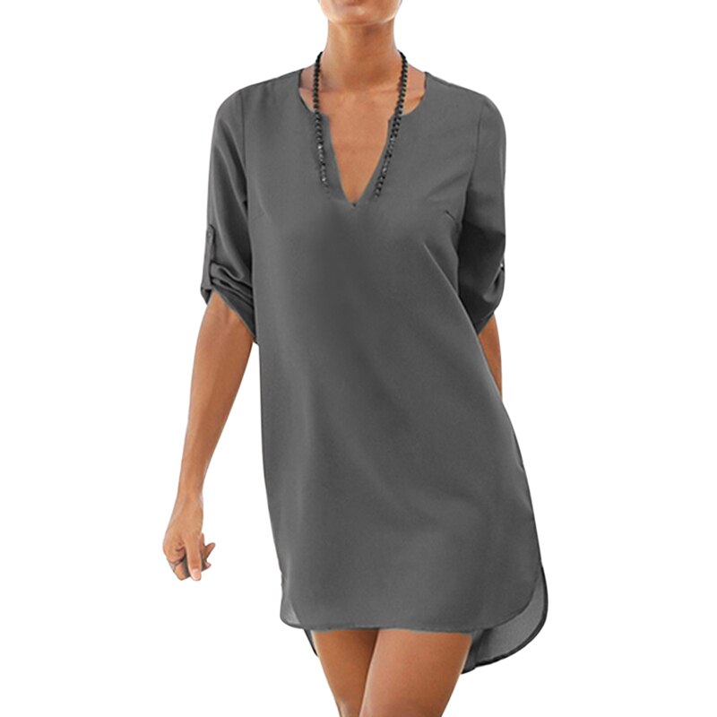 Women Beach Dress Short Tunic Shirts Dress Vestidos Solid V Neck Sundress Vintage Pockets Loose Chiffon Party Dress Cover: Gray / XL