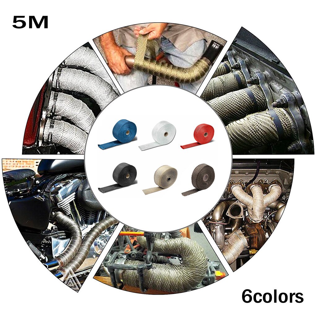 2.5CM 5M Roll Fiberglass Exhaust Header Pipe Heat Wrap Tape 4 Ties Kit Maintains temperature to 2000 degrees 6 color CB