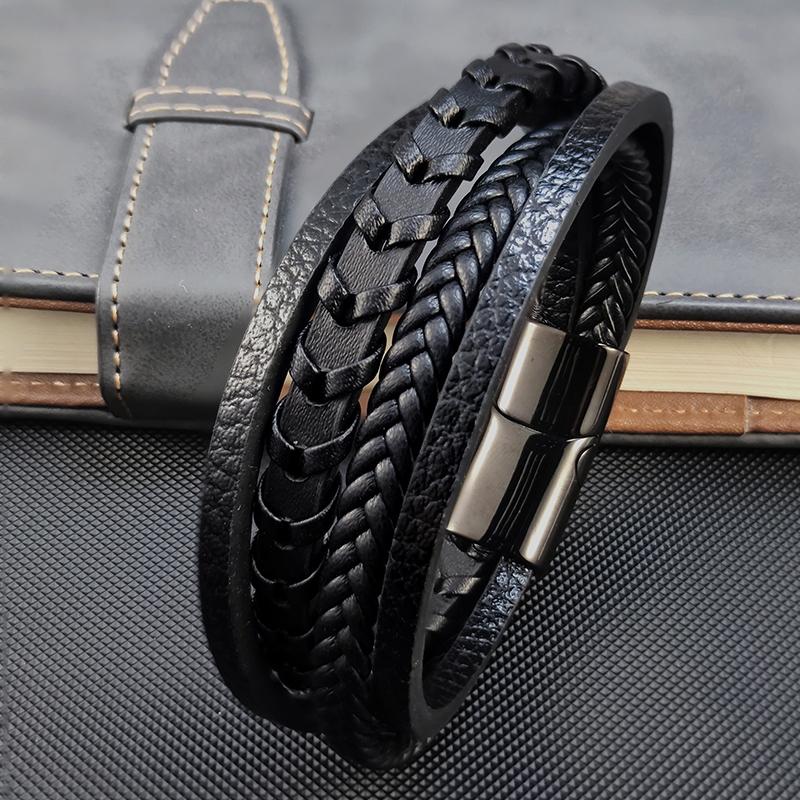 Populaire Multi-layer Hand Gevlochten Lederen Armband Mannen Combinatie Rvs Sieraden Sales Mannen Manchet Armband