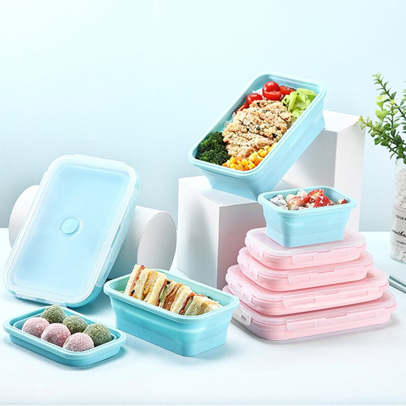 Silicone Collapsible Lunch Box Food Storage Container Bento BPA Free Microwavable Portable Picnic Camping Rectangle Outdoor Box