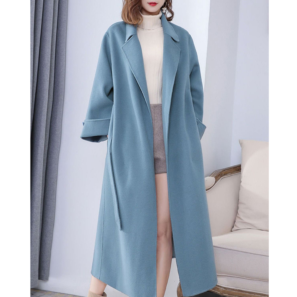 Manteau d'hiver en laine pour femmes, couleur unie, bleu lac, noir, ample, X Long, , avec ceinture, pour le bureau, XS à XXL