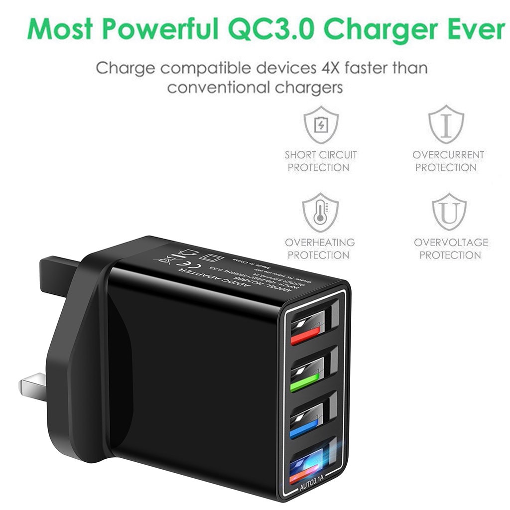 Top 4 Port Schnelle Quick Charge QC 3,0 USB Hub Ladegerät 3,1 A Power Adapter UK Stecker Unterstützung und: Black