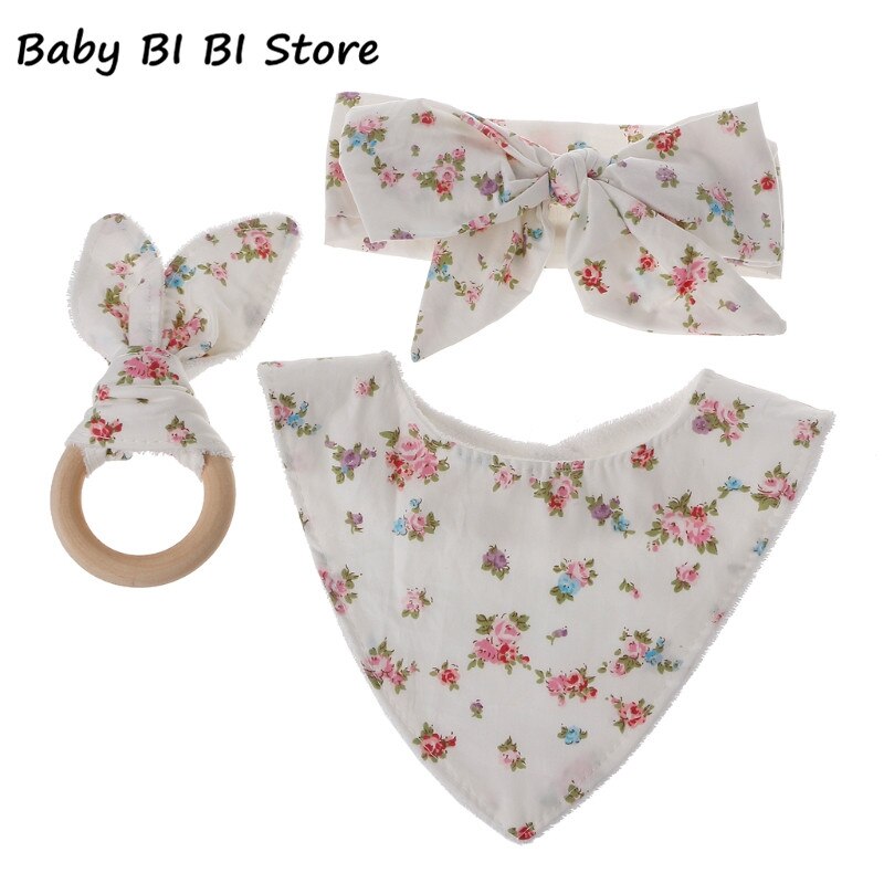 3 Pcs Baby Kaninchen Ohren Baumwolle Mischung + Holz Beißring Baumwolle Lätzchen Stirnband Infant Speichel Handtuch Pflege Set Fütterung Bib: D