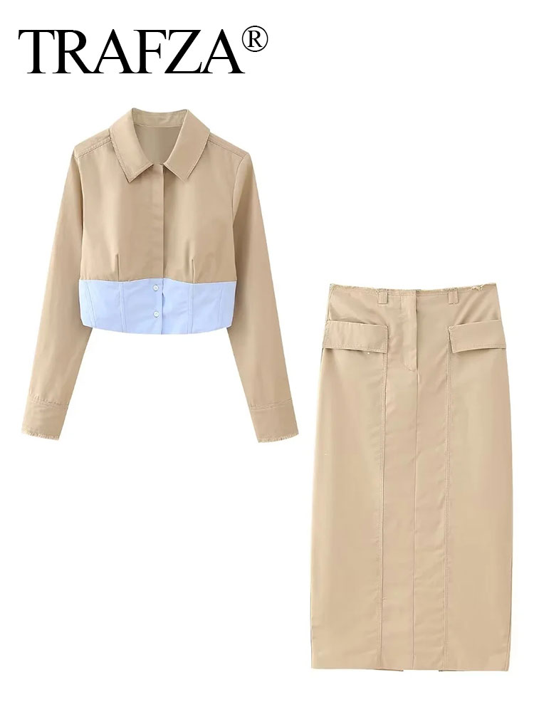 TRAFZA-Conjunto de falda caqui a la para mujer, blusa de retales, camisa recortada con botones de manga larga + faldas por debajo de la rodilla ajustadas con bolsillo frontal