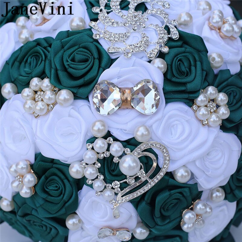 JaneVini – Bouquet de fleurs de mariage, Vintage, vert foncé, perle, ruban de Rose en Satin blanc, cristal, pour les mariées,