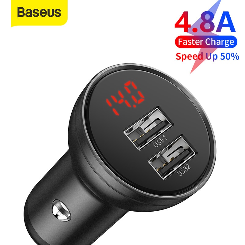 Baseus 24W Dual Usb Car Charger Telefoon Opladen Met Alle Metalen Digitale Display 4.8A Auto Sigarettenaansteker Voor Iphone fast Charger