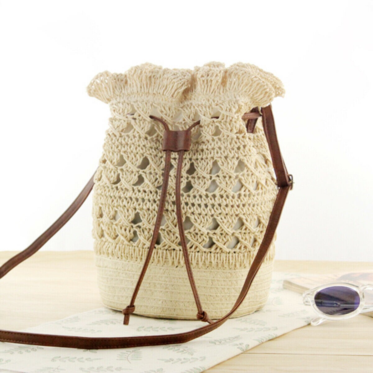 Dame Casual Strå Bøtteveske Sommerveske Rattan Liten Håndveske: Beige