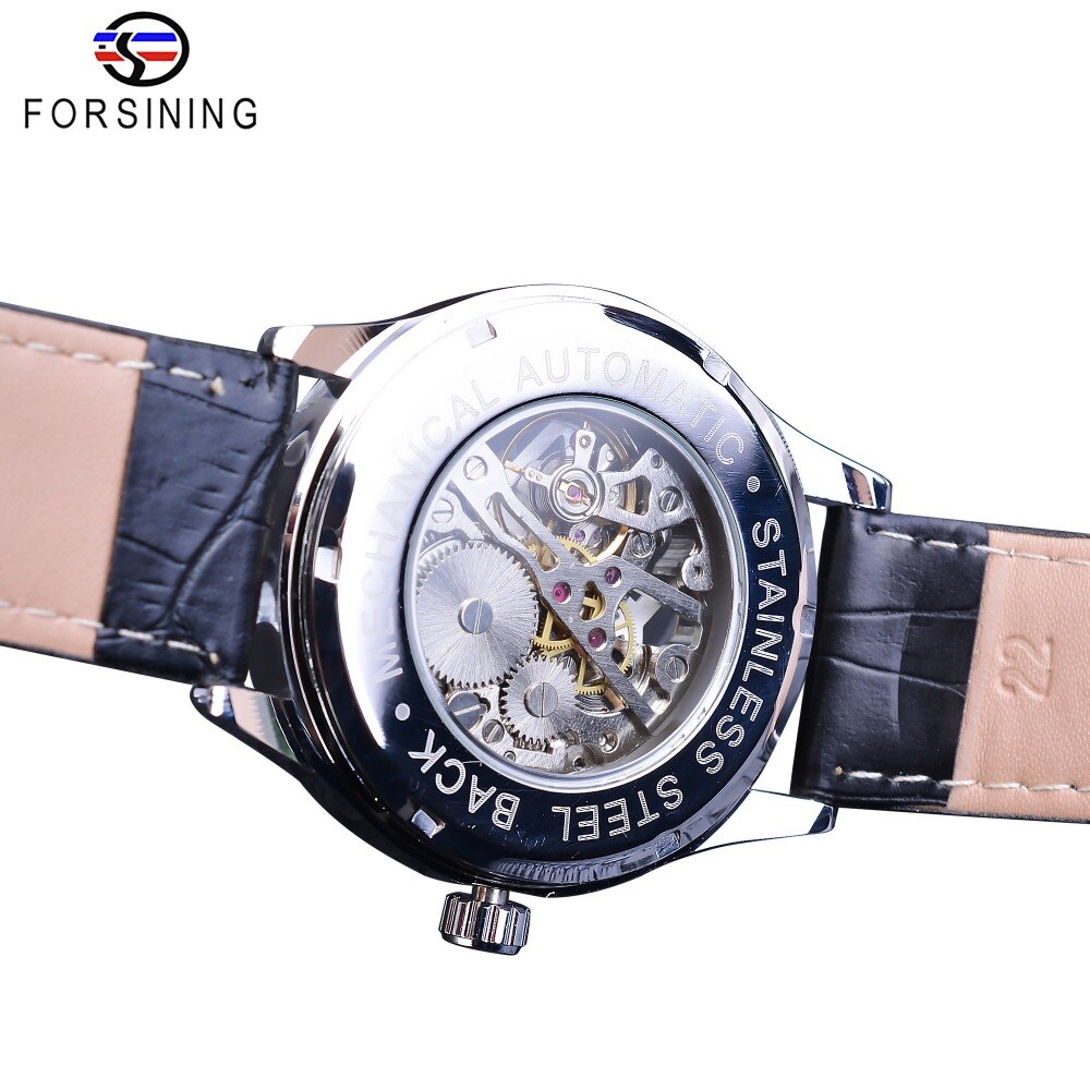 Forsining Koninklijke Luxe Mens Silver Versnelling Beweging Transparante Ster Oppervlak Open Werk Skeleton Mechanische Polshorloge