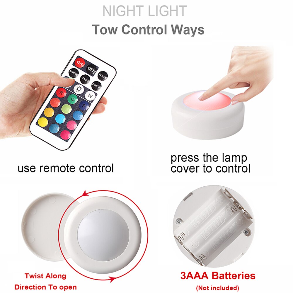 Dimmable RGB LED Lights Kitchen Lamp Touch Sensor Wardrobe/Closet/Cabinet Night Light Puck Light with Remote Controller 12 Color