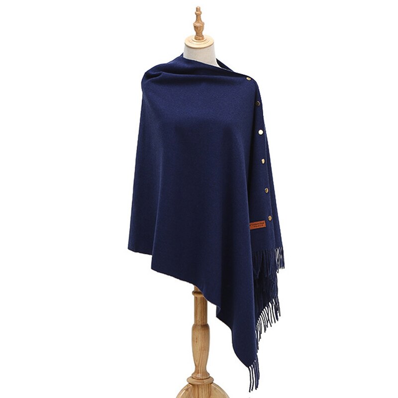 Luxe merk sjaal poncho dames kasjmier effen sjaal cape met knopen multifunctionele deken fular mujer: Marine