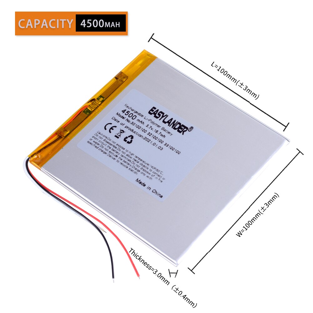 Batterie lithium-polymère 3 fils 30100100 308696 3.7V 4500mah, prestigio grace 7788 4g, pour tablette