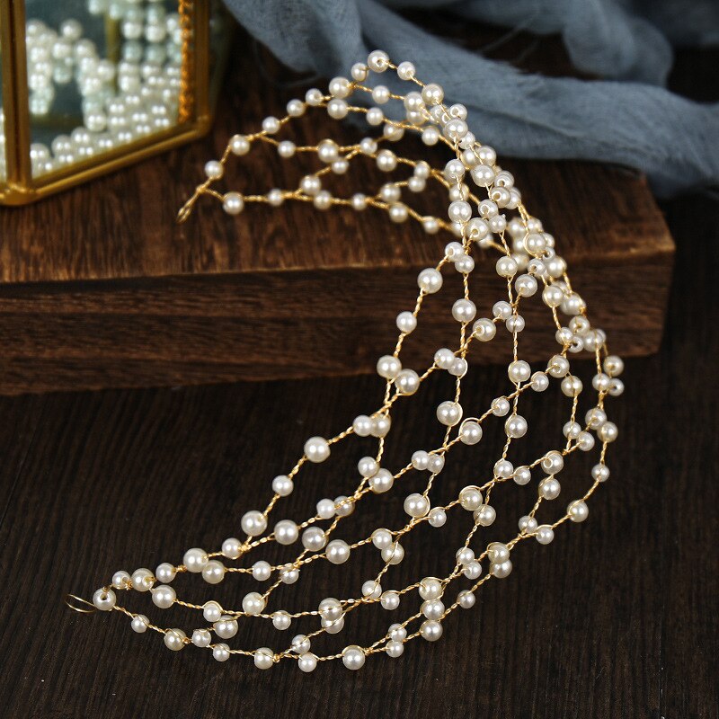 Vintage Baroque Gold Pearls Tiaras Headbands Handmade Bridal Wedding Hair Accessories Hairbands Hair Vines Women Hair Jewelry