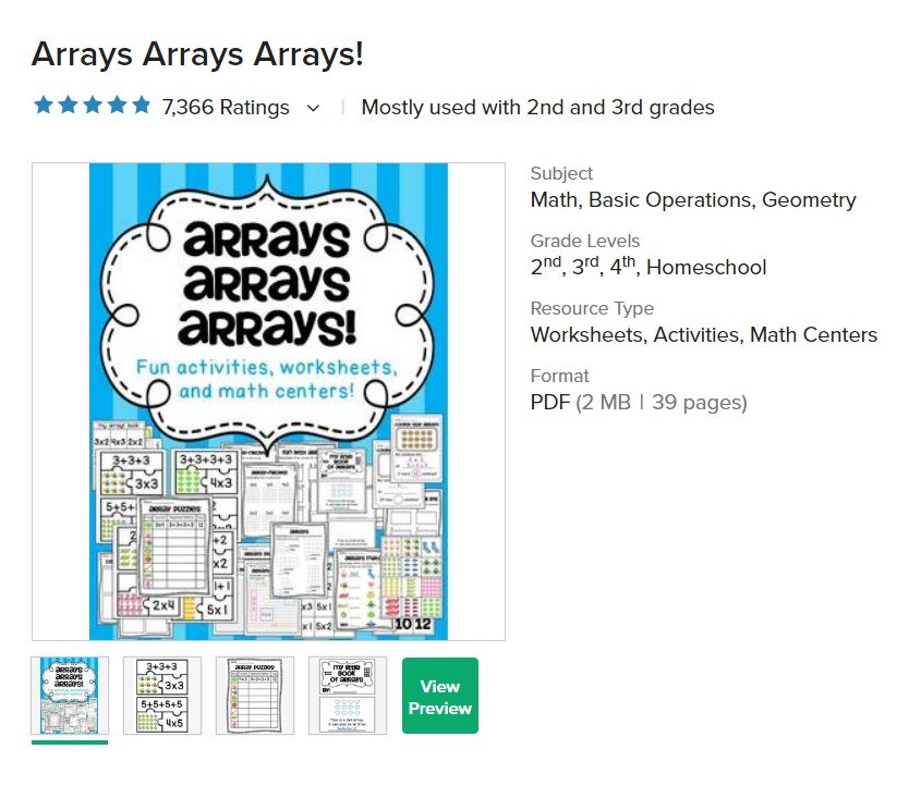 Arrays Arrays Arrays! Math, Basic Operations, Geometry Worksheets, Activities, Math Centers FDF File