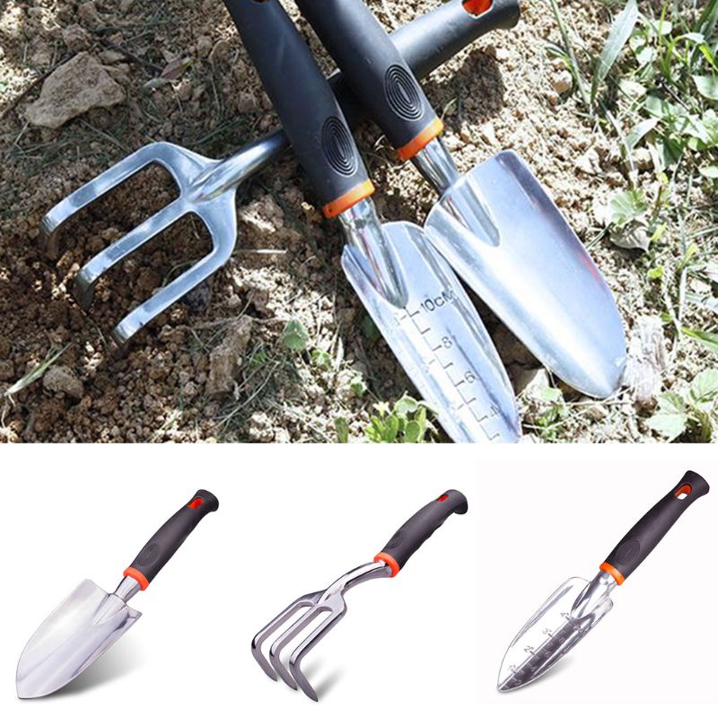 Ensemble d'outils de jardin 3 pièces truelle de greffe de main caoutchoutée et râteau à main de cultivateur