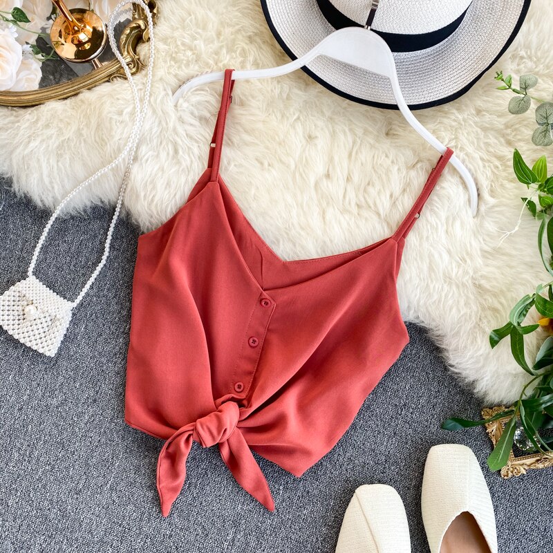 Kvinde street-wear sexet strop top v-hals rygløs crop top koreansk stil solid knap slanke korte tank tops