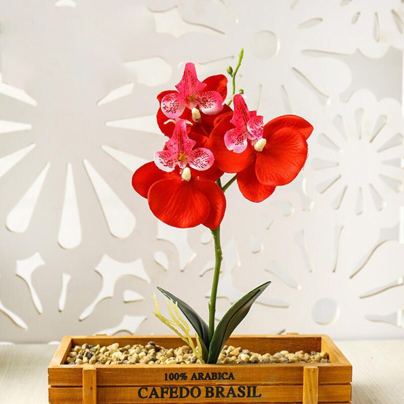 Three Flowers Butterfly Orchid Artificial Flower Pot Plant Plastic Flower Branch Phalaenopsis Family Table Office Decoration: Red