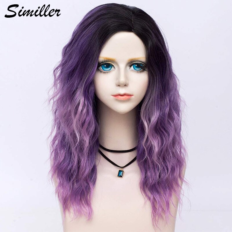 Similler Short Dark Rooted Ombre Purple Synthetic Wig Goth Punk Women Curly Bob Hair Replacement Wigs