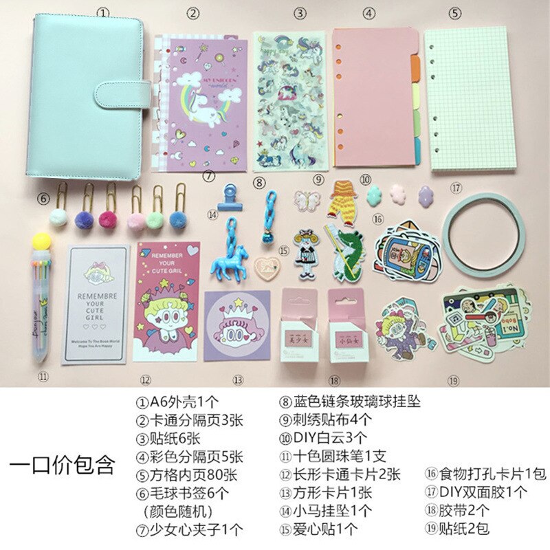 A6 Bitterkoekje Super Set Meisje Hart Notebook Losbladige Diy Notepad Handbook Dagboek Pu Lederen Cover Dagboek Agenda Planner papier: Set 1 blue