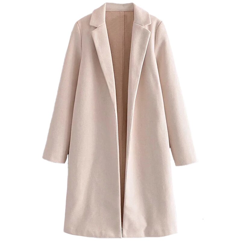 Adherebling Woman Casual Traf Jacket Autumn Winter Side Pockets Open Stitch Longline Trench Coats Loose Beige Overcoat: BG / S