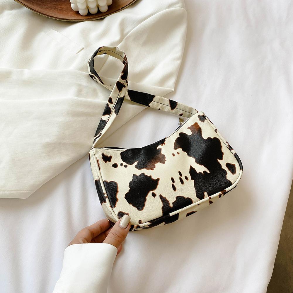 Cow Milk Print Women Handbag Totes Female Casual Underarm Shoulder Bags Popular Simple Female Daily Bag: Beige