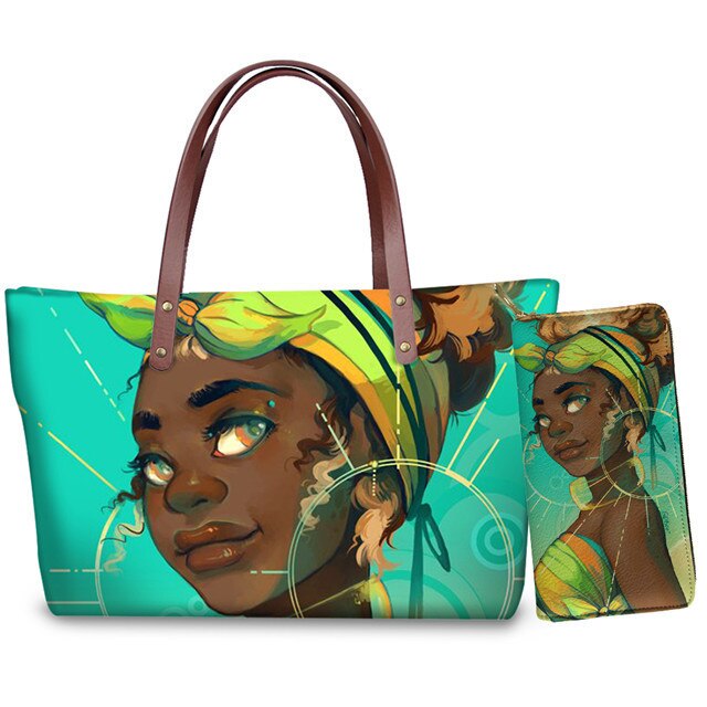 Custom mode 2pcs/set Women Handbags Black Art African Girl Printing Hand Bag&Wallets Ladies Ethnic Top-Handle Bags Females Bolsa: style0