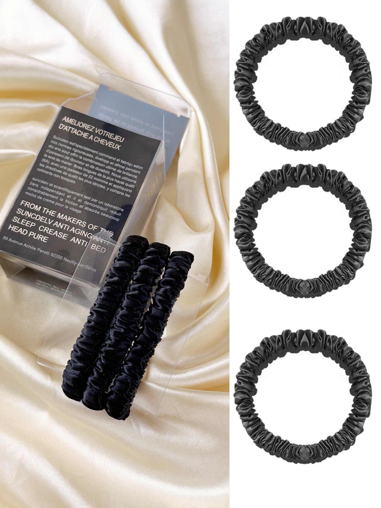3PCS Box 100% Natuurlijke Zijde Effen Kleur Haarbanden Haar Scrunchies Vrouwen 6ASilk Haarbanden Haaraccessoires: GRIJS
